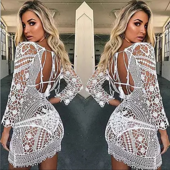 CROCHET SWIM COVERUP BOHO LACE DRESS OPEN BACK - Picture 8 of 9